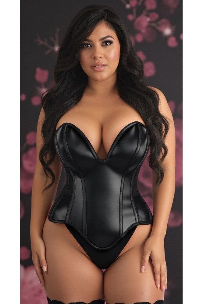 Top Drawer Steel Boned Black Faux Leather Plunge Neckline Overbust Corset