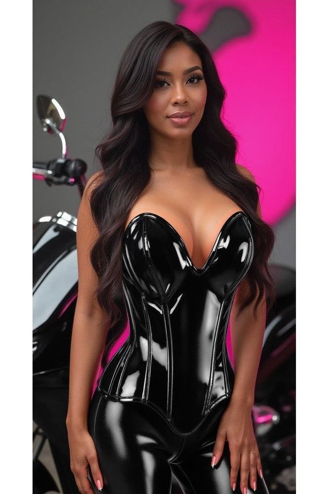 Top Drawer Steel Boned Black Patent Plunge Neckline Overbust Corset