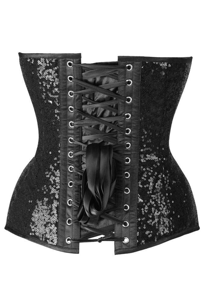 Top Drawer Steel Boned Black Sequin Plunge Neckline Overbust Corset