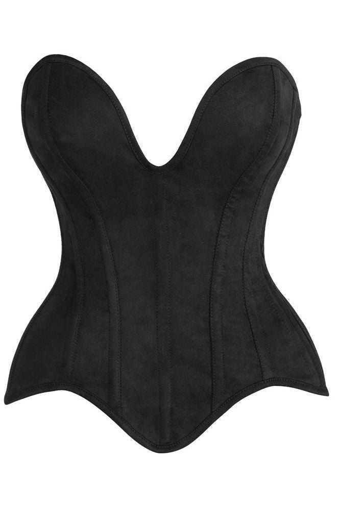 Top Drawer Steel Boned Black Suede Deep Plunge Overbust Corset Top