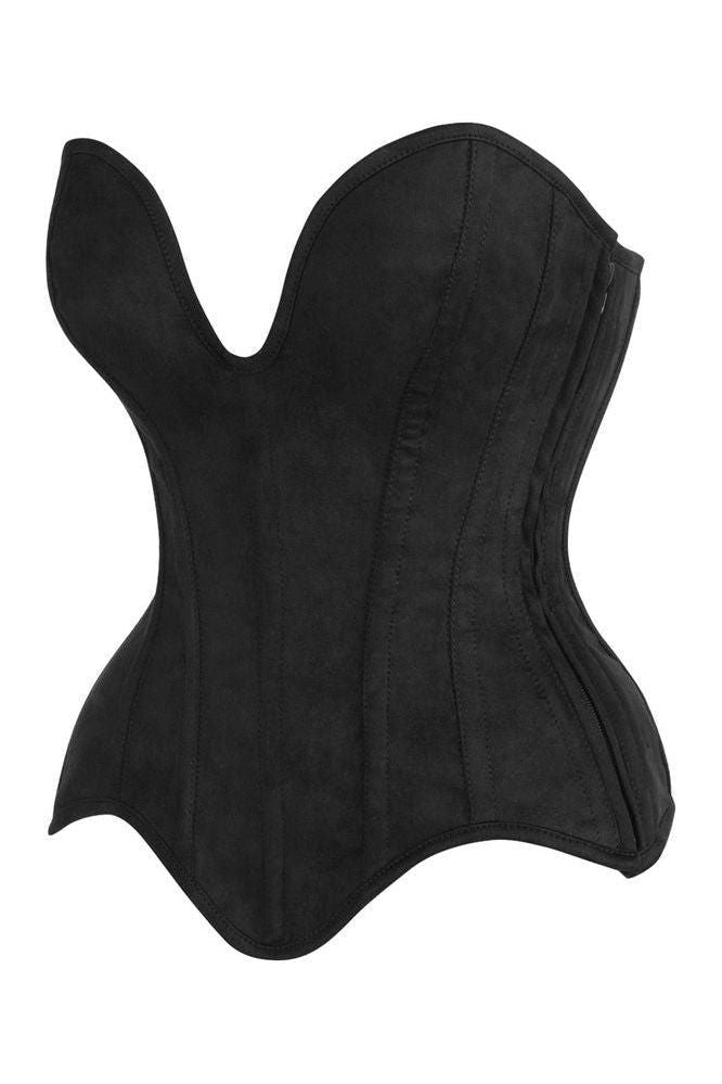 Top Drawer Steel Boned Black Suede Deep Plunge Overbust Corset Top