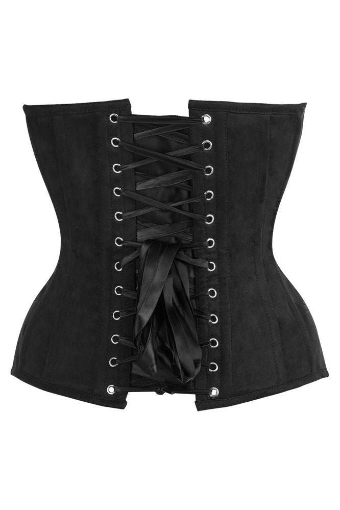 Top Drawer Steel Boned Black Suede Deep Plunge Overbust Corset Top