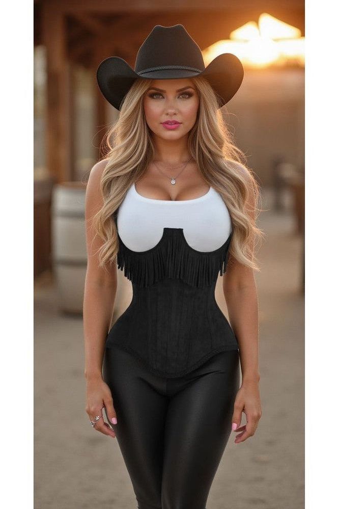 Top Drawer Steel Boned Black Suede Underwire Underbust Corset Cincher w/Fringe