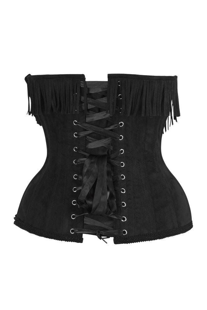 Top Drawer Steel Boned Black Suede Underwire Underbust Corset Cincher w/Fringe