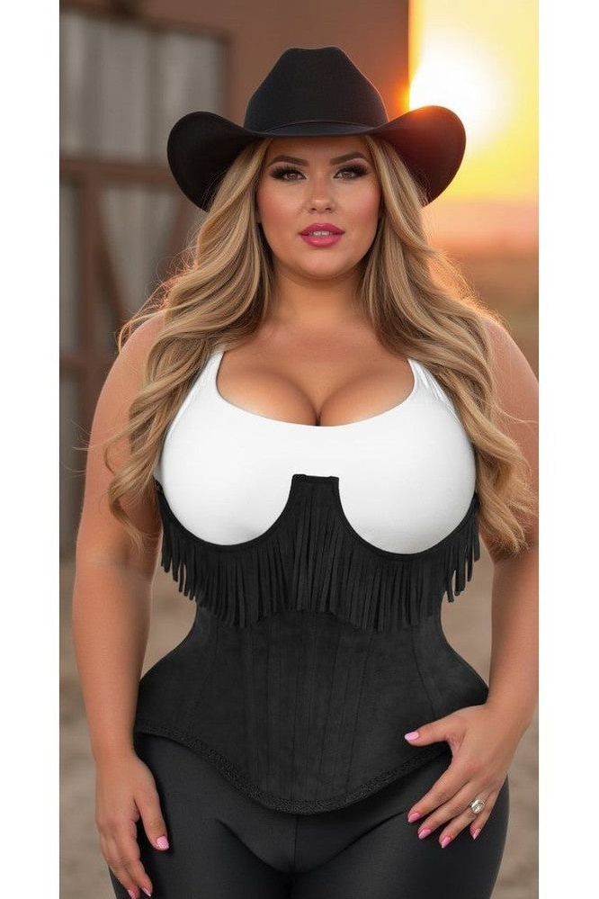 Top Drawer Steel Boned Black Suede Underwire Underbust Corset Cincher w/Fringe
