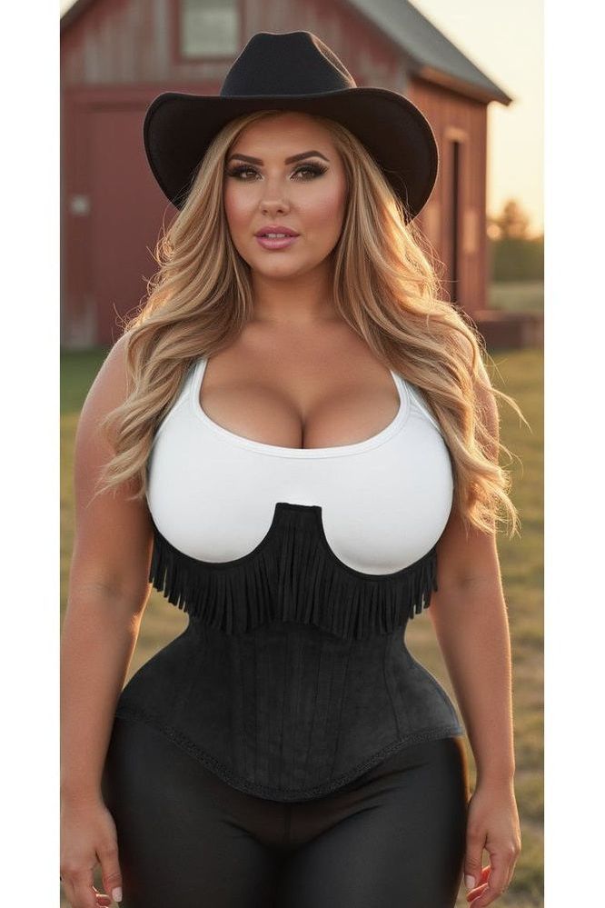 Top Drawer Steel Boned Black Suede Underwire Underbust Corset Cincher w/Fringe