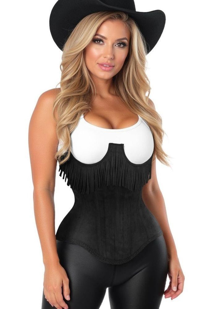 Top Drawer Steel Boned Black Suede Underwire Underbust Corset Cincher w/Fringe