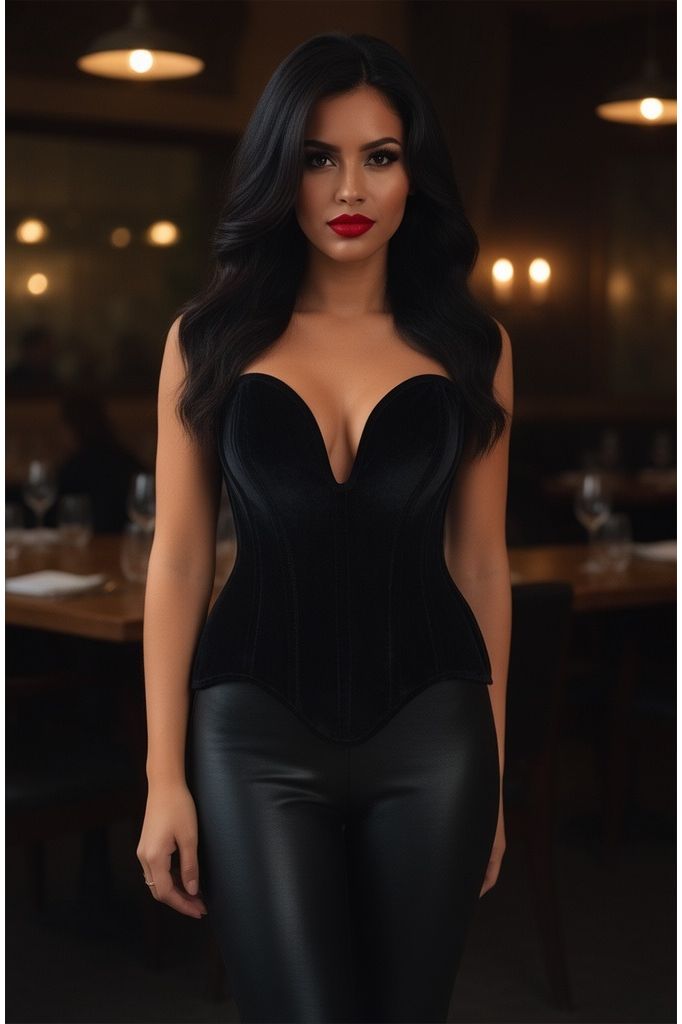 Top Drawer Steel Boned Black Velvet Plunge Neckline Overbust Corset
