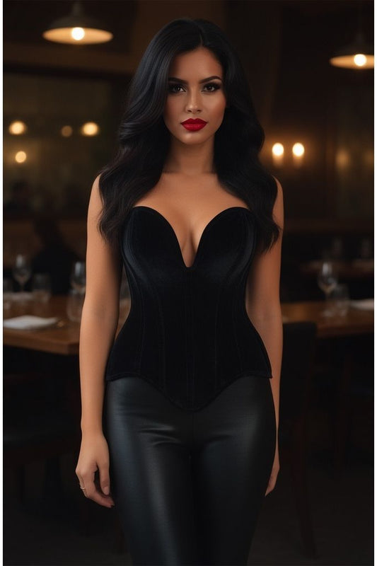 Top Drawer Steel Boned Black Velvet Plunge Neckline Overbust Corset