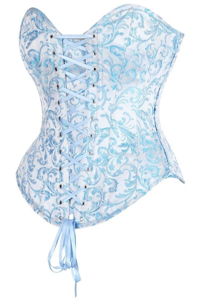 Top Drawer Steel Boned Blue Brocade Overbust Lace-Up Corset Top