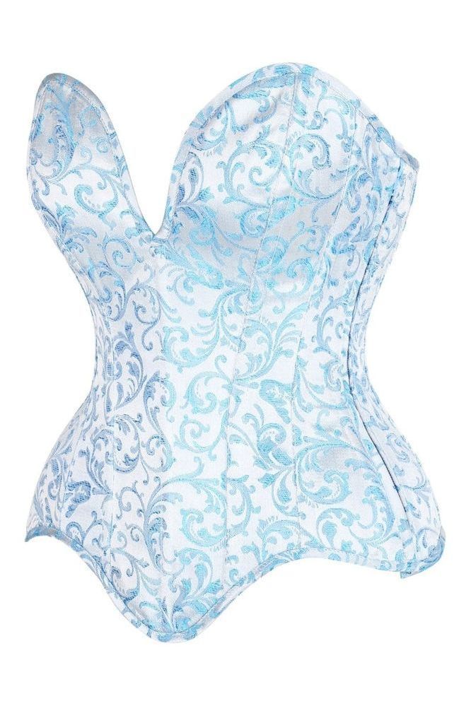 Top Drawer Steel Boned Blue Brocade Plunge Overbust Corset Top