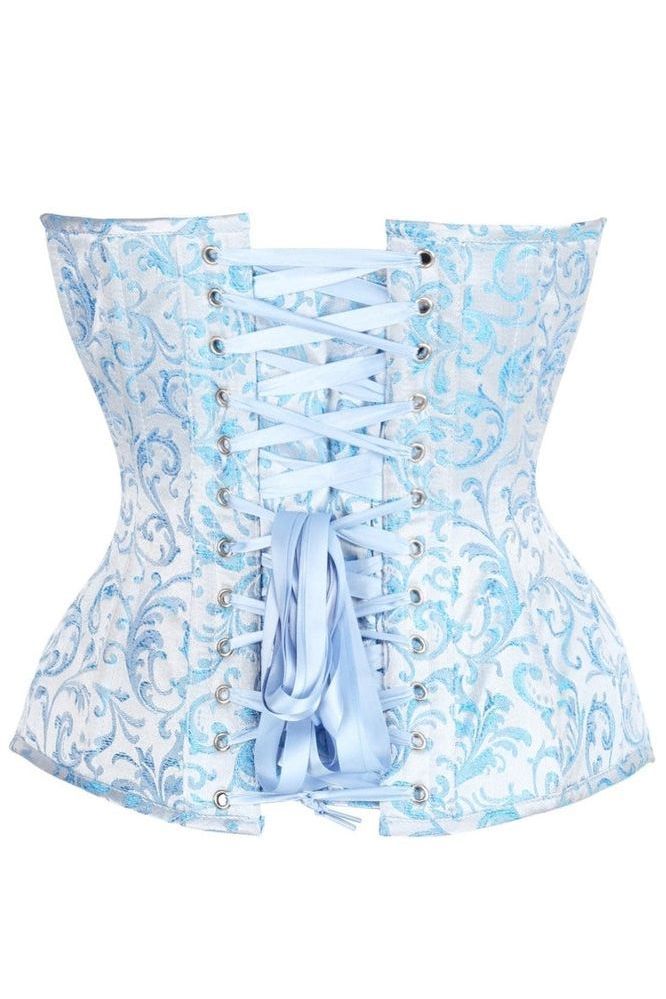 Top Drawer Steel Boned Blue Brocade Plunge Overbust Corset Top