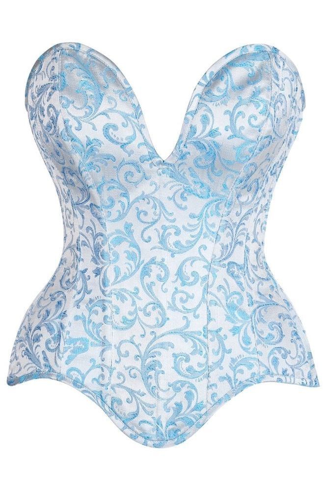 Top Drawer Steel Boned Blue Brocade Plunge Overbust Corset Top