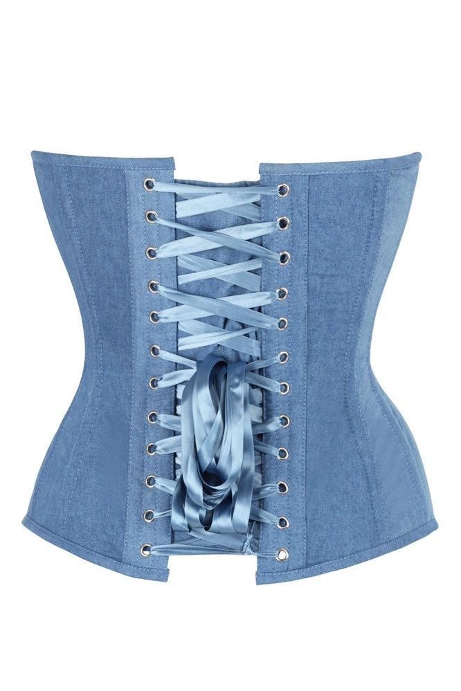Top Drawer Steel Boned Blue Denim Plunge Neckline Overbust Corset