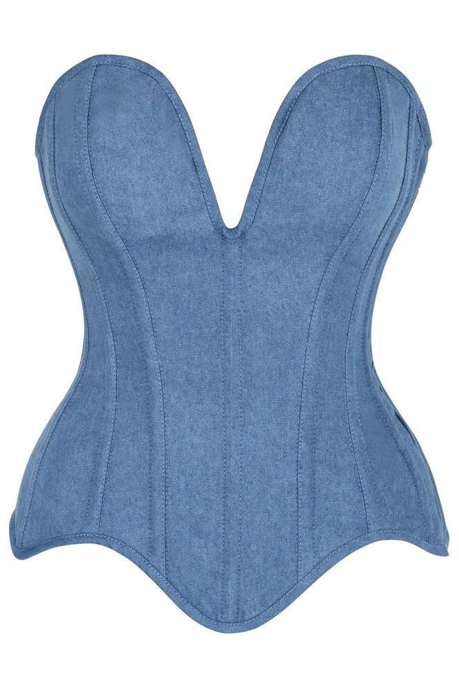 Top Drawer Steel Boned Blue Denim Plunge Neckline Overbust Corset