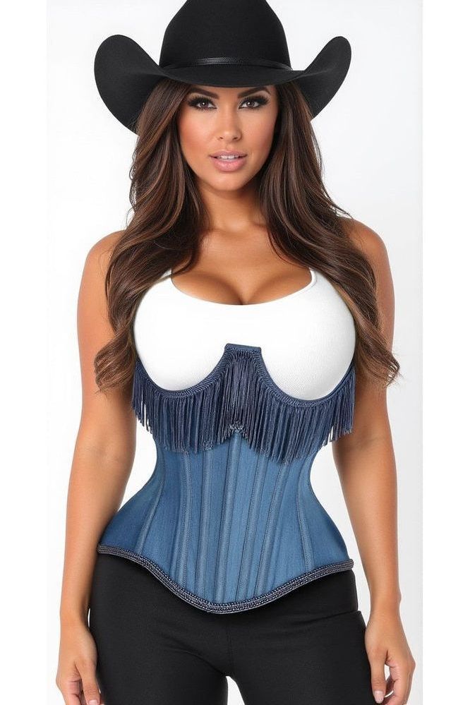 Top Drawer Steel Boned Blue Denim Underwire Underbust Corset Cincher w/Fringe