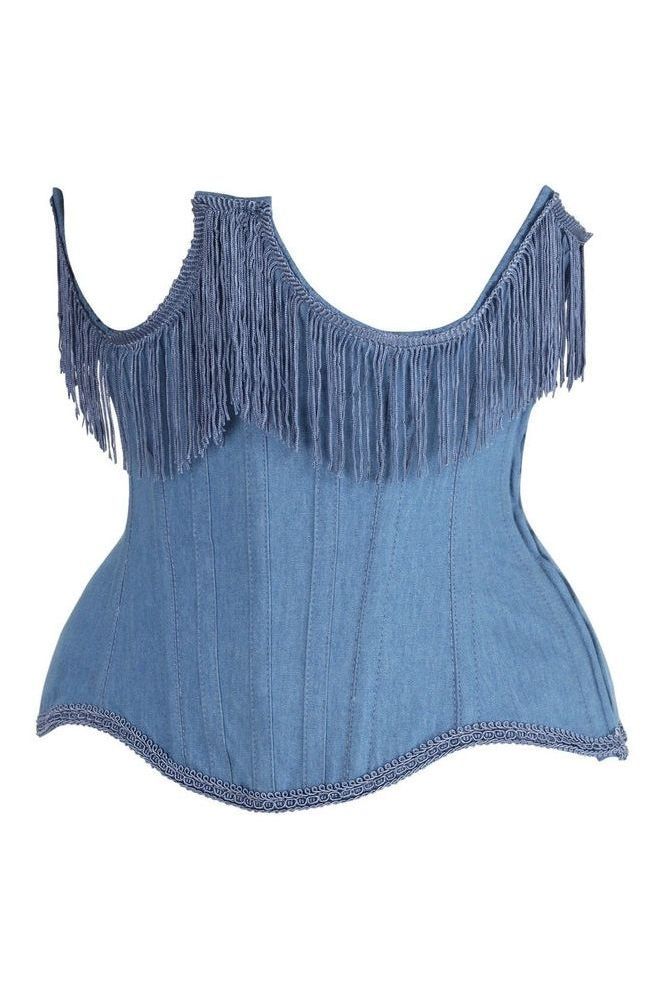 Top Drawer Steel Boned Blue Denim Underwire Underbust Corset Cincher w/Fringe