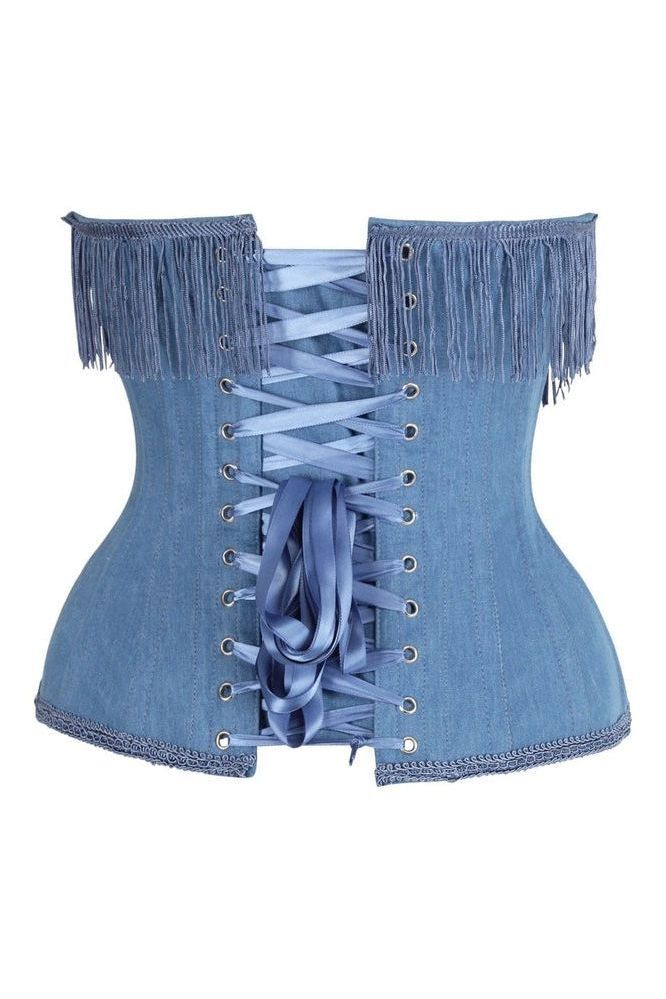 Top Drawer Steel Boned Blue Denim Underwire Underbust Corset Cincher w/Fringe