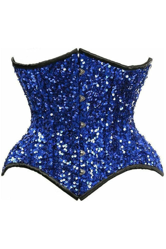 Top Drawer Steel Boned Blue Sequin Curvy Cut Waist Cincher Corset