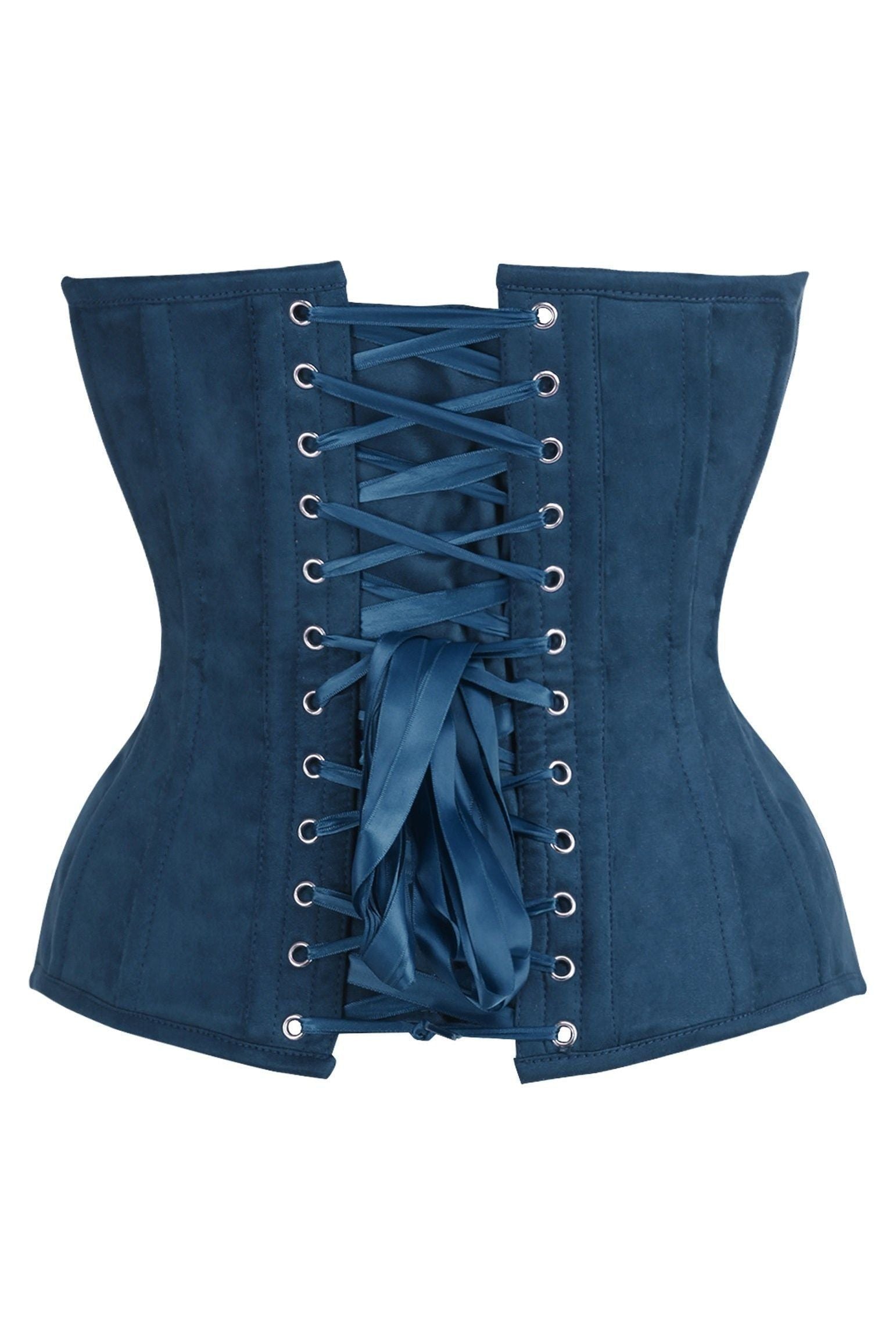 Top Drawer Steel Boned Blue Suede Deep Plunge Overbust Corset Top
