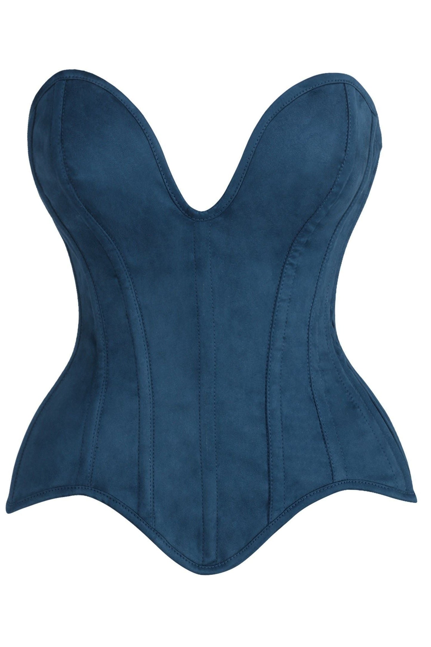 Top Drawer Steel Boned Blue Suede Deep Plunge Overbust Corset Top