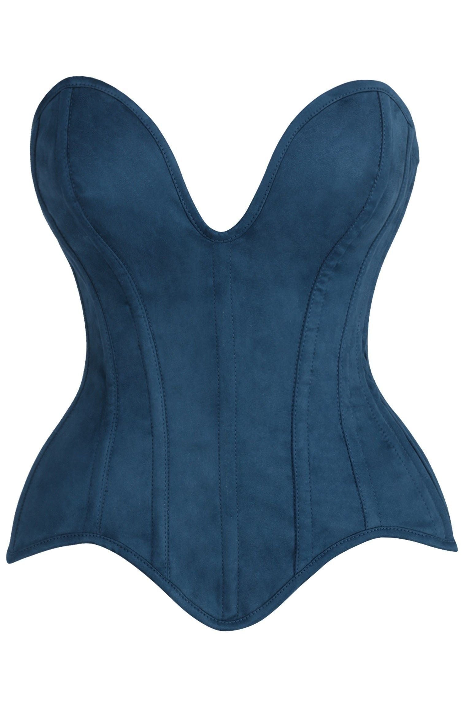 Top Drawer Steel Boned Blue Suede Deep Plunge Overbust Corset Top