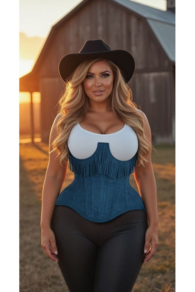 Top Drawer Steel Boned Blue Suede Underwire Underbust Corset Cincher w/Fringe