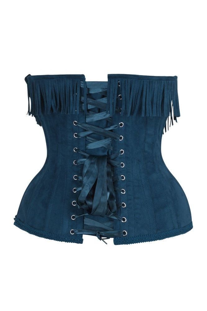 Top Drawer Steel Boned Blue Suede Underwire Underbust Corset Cincher w/Fringe