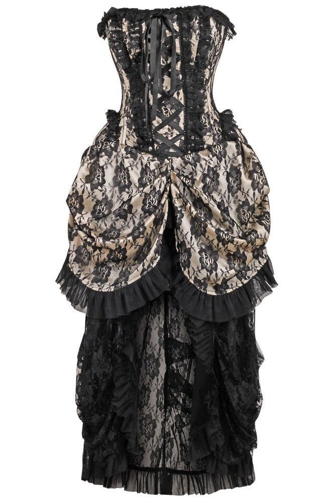 Top Drawer Steel Boned Cream w/Black Lace Bustle Corset Dress