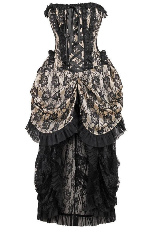 Top Drawer Steel Boned Cream w/Black Lace Bustle Corset Dress