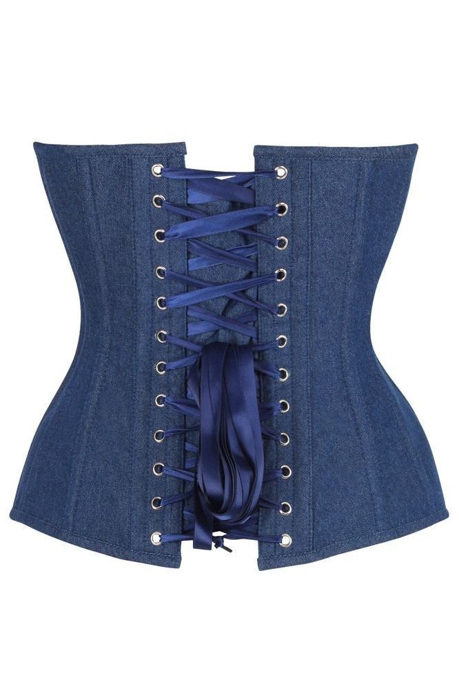 Top Drawer Steel Boned Dark Blue Denim Plunge Neckline Overbust Corset