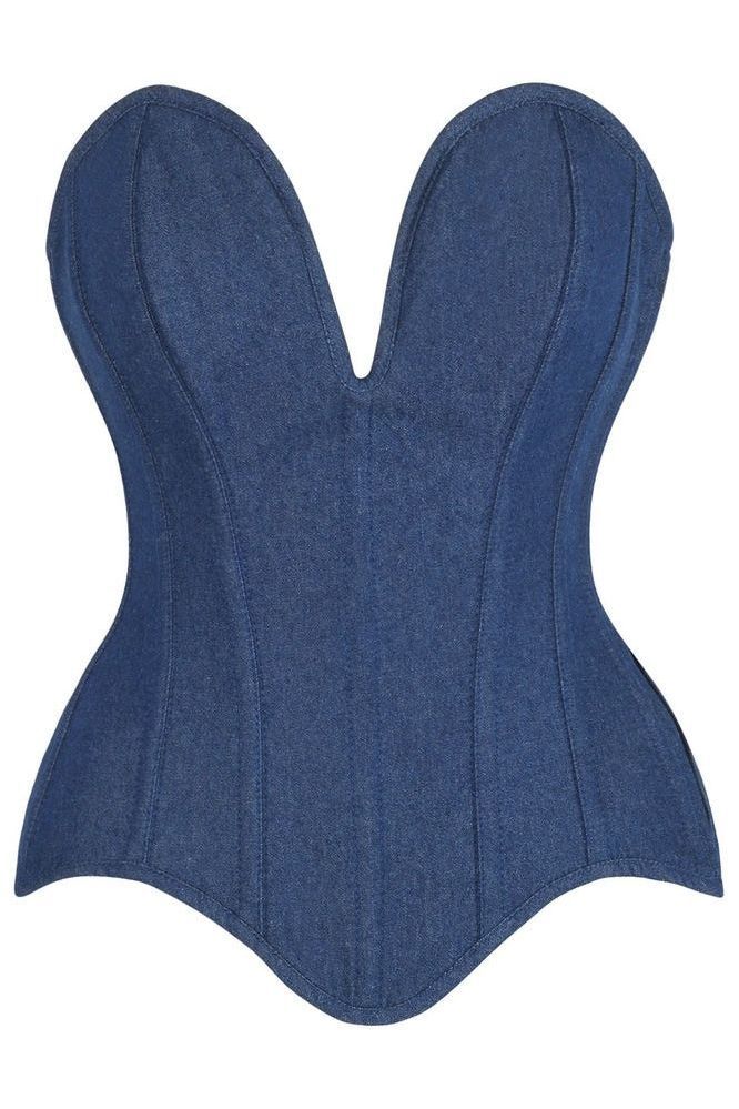 Top Drawer Steel Boned Dark Blue Denim Plunge Neckline Overbust Corset