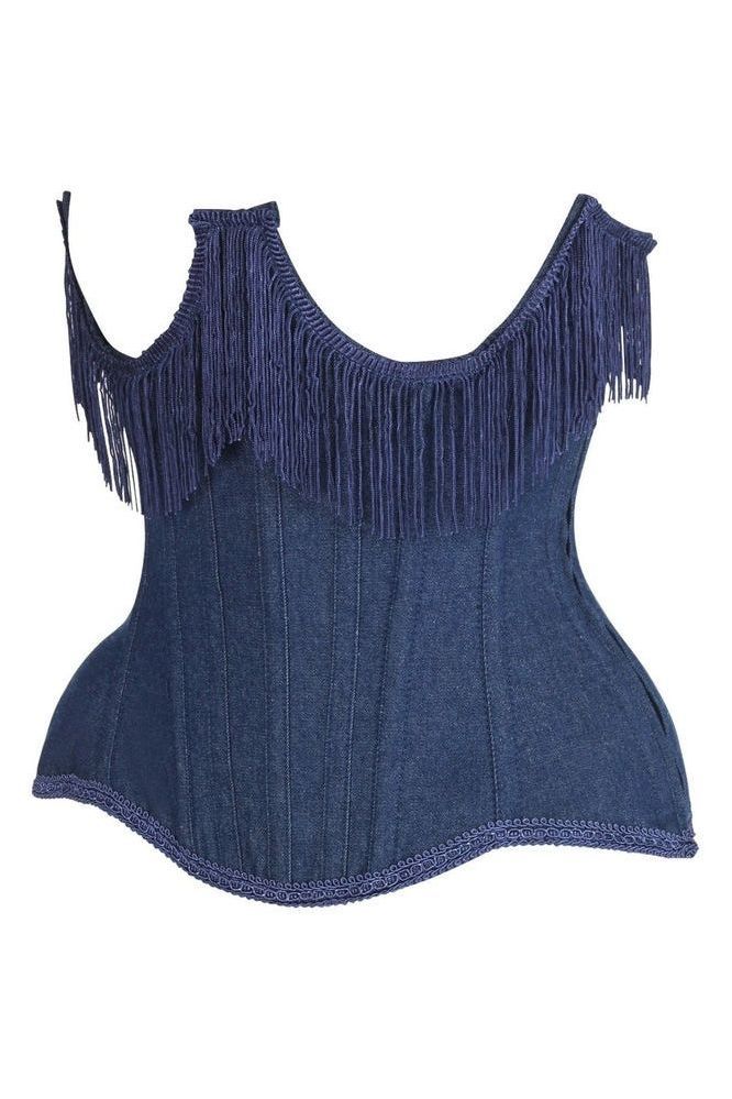 Top Drawer Steel Boned Dark Blue Denim Underwire Underbust Corset Cincher w/Fringe