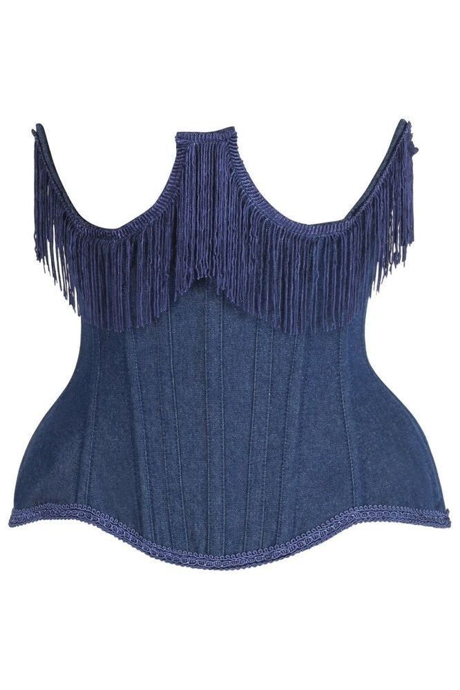 Top Drawer Steel Boned Dark Blue Denim Underwire Underbust Corset Cincher w/Fringe