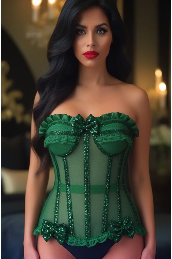 Top Drawer Steel Boned Dark Green Sequin Underwire Bustier Corset
