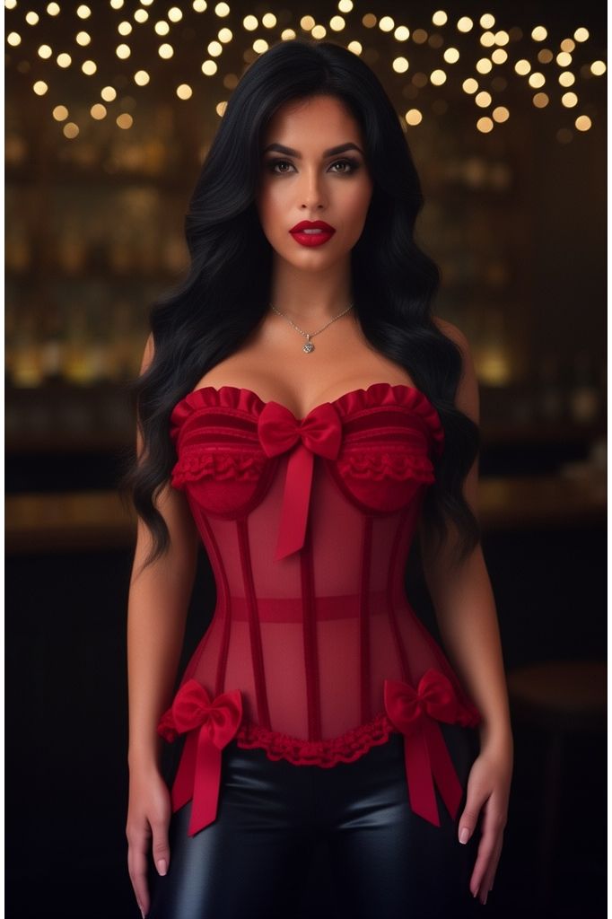 Top Drawer Steel Boned Dark Red Mesh & Velvet Underwire Bustier Corset