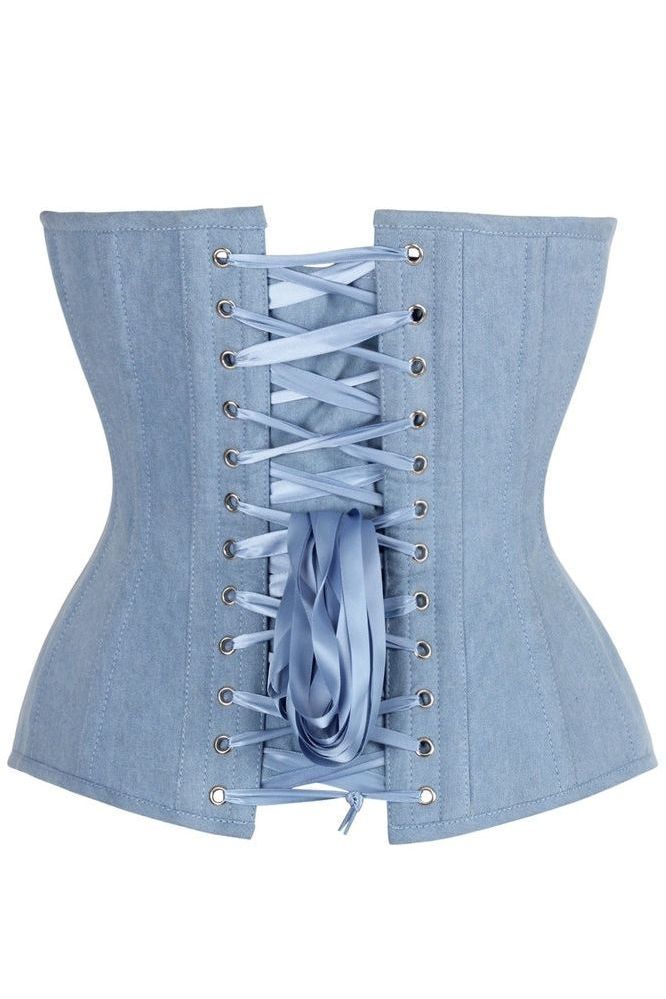 Top Drawer Steel Boned Light Blue Denim Plunge Neckline Overbust Corset