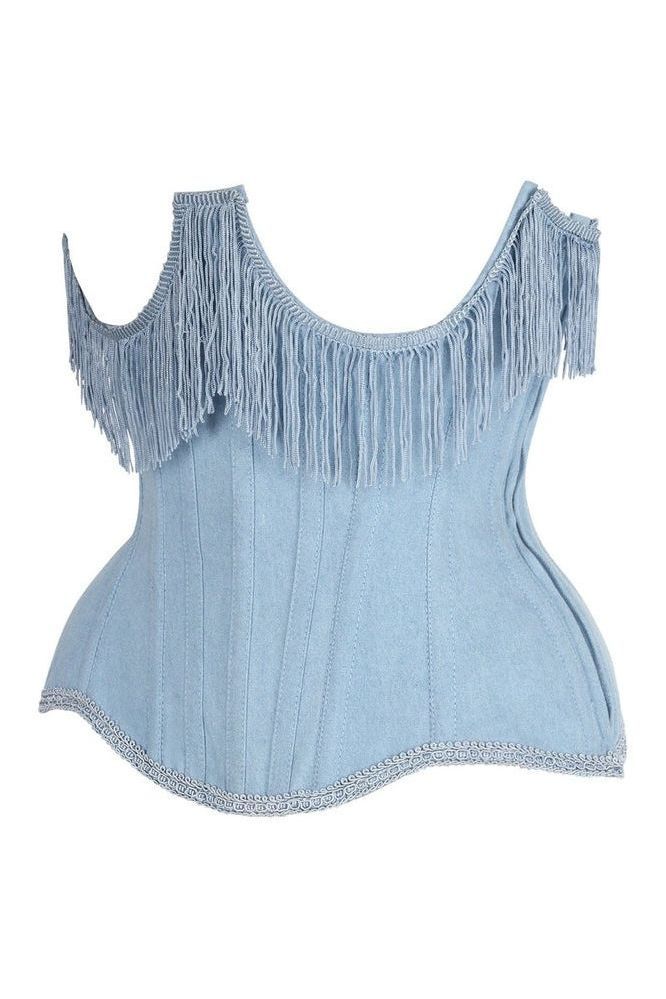 Top Drawer Steel Boned Light Blue Denim Underwire Underbust Corset Cincher w/Fringe