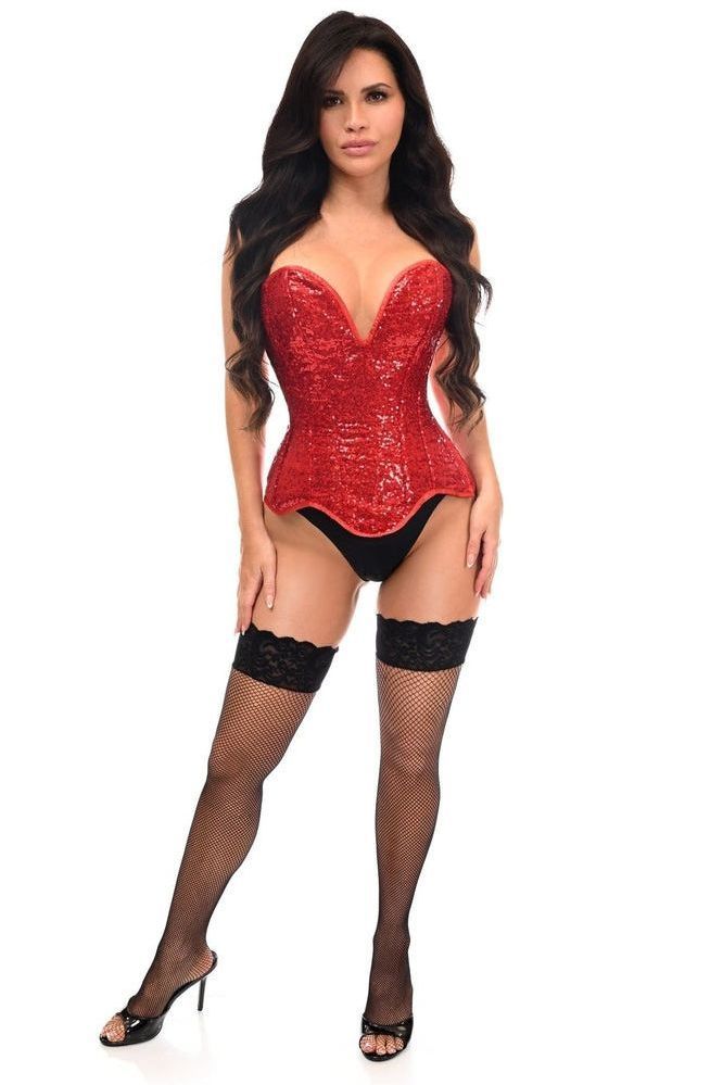 Top Drawer Steel Boned Red Sequin Plunge Neckline Overbust Corset