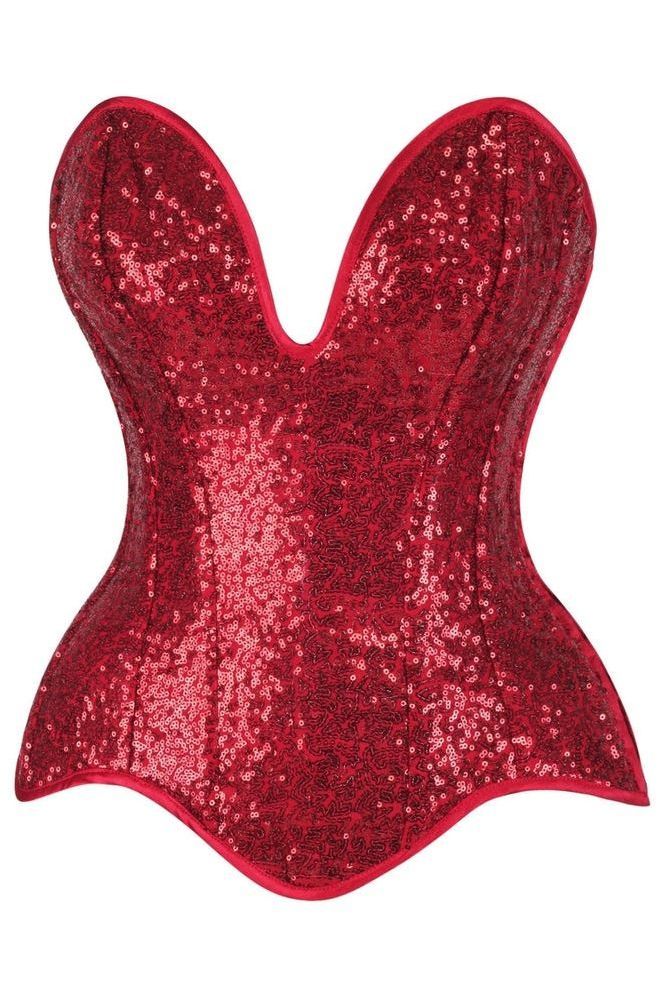 Top Drawer Steel Boned Red Sequin Plunge Neckline Overbust Corset