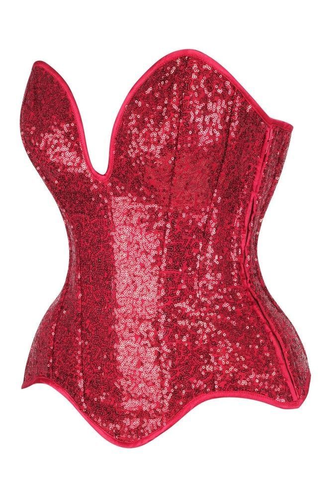 Top Drawer Steel Boned Red Sequin Plunge Neckline Overbust Corset