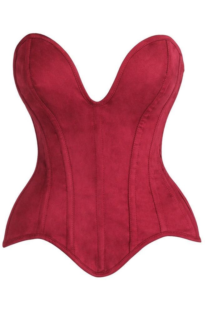 Top Drawer Steel Boned Red Suede Deep Plunge Overbust Corset Top