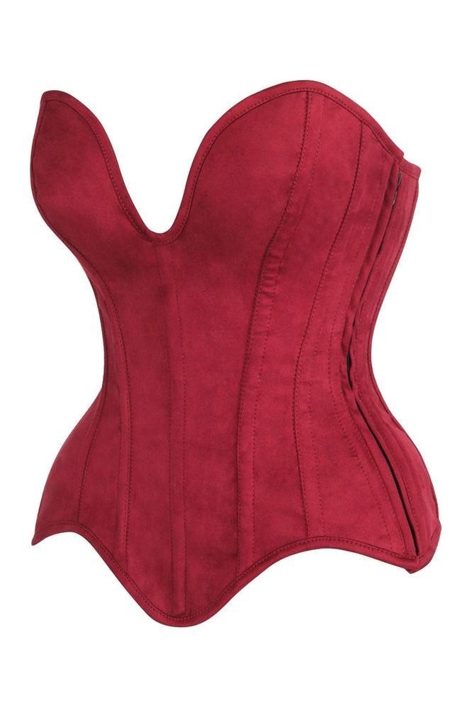 Top Drawer Steel Boned Red Suede Deep Plunge Overbust Corset Top