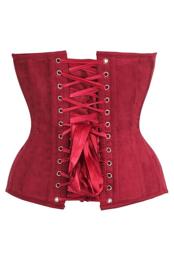 Top Drawer Steel Boned Red Suede Deep Plunge Overbust Corset Top