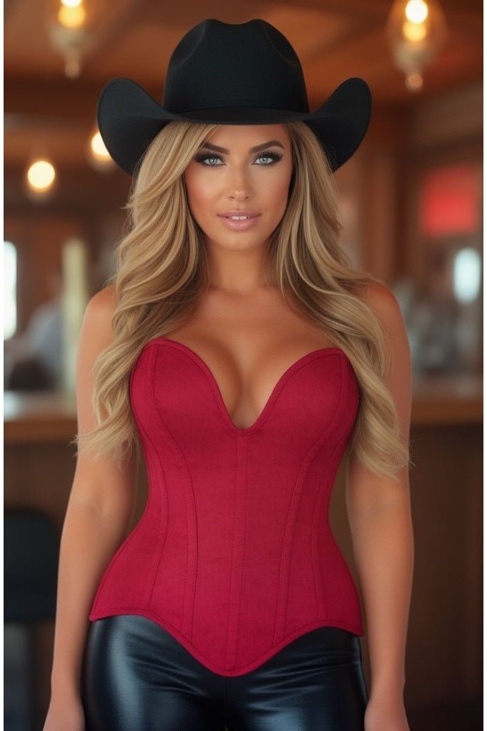 Top Drawer Steel Boned Red Suede Deep Plunge Overbust Corset Top