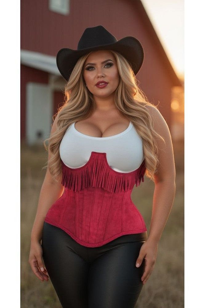 Top Drawer Steel Boned Red Suede Underwire Underbust Corset Cincher w/Fringe