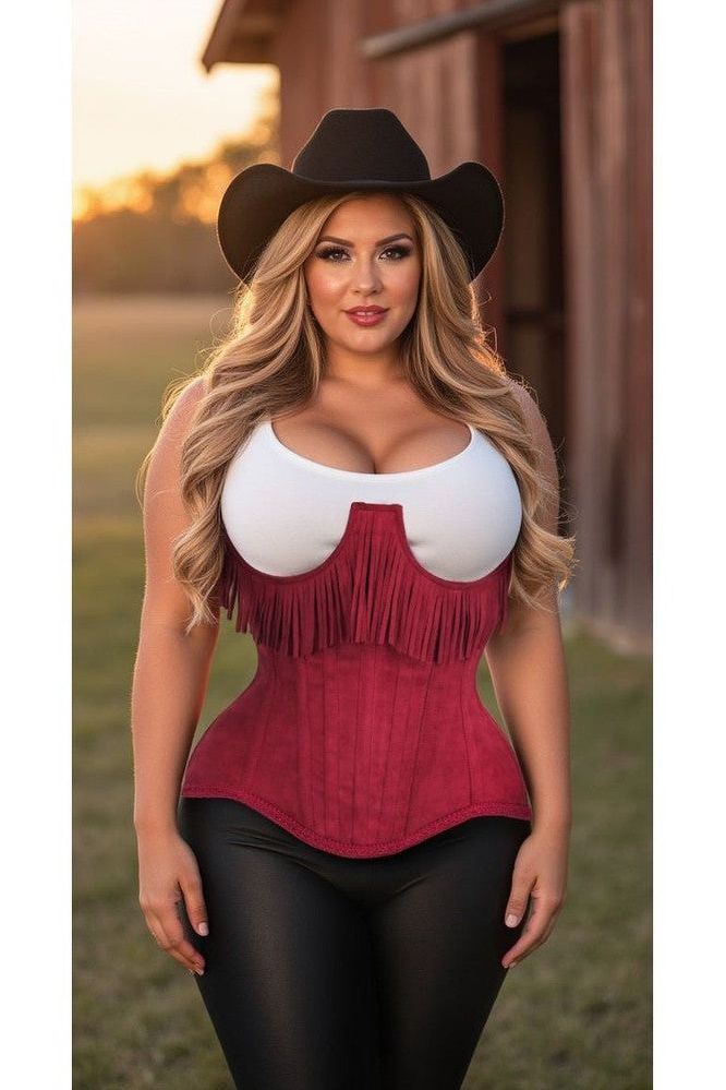 Top Drawer Steel Boned Red Suede Underwire Underbust Corset Cincher w/Fringe
