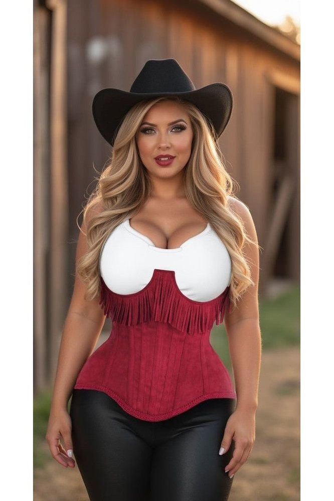 Top Drawer Steel Boned Red Suede Underwire Underbust Corset Cincher w/Fringe