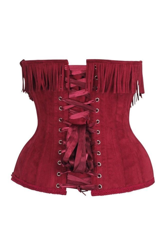 Top Drawer Steel Boned Red Suede Underwire Underbust Corset Cincher w/Fringe
