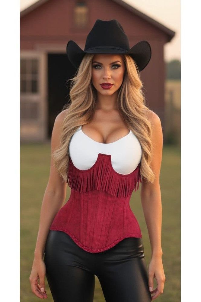 Top Drawer Steel Boned Red Suede Underwire Underbust Corset Cincher w/Fringe